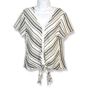 STARKx Short Sleeve Cotton Tie Knot Gauze Top V-Neck Stripe White Grey S